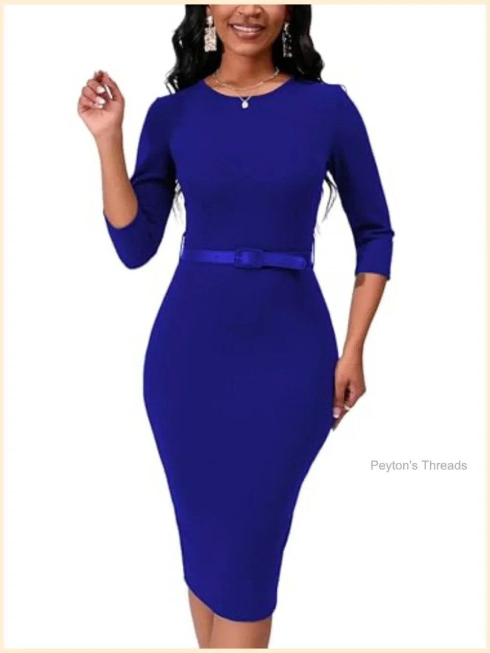 3/4 Sleeve Bodycon Pencil Midi Dress with Belt Crew Neck